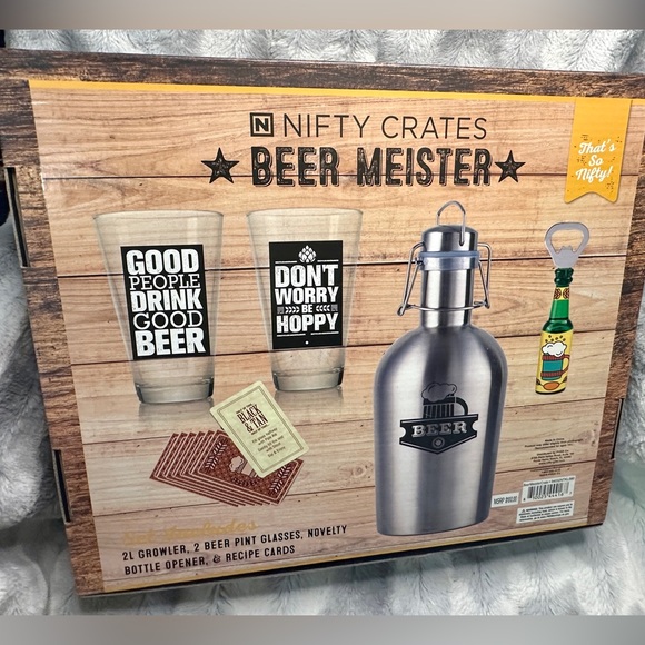 Nifty Crates Beer Meister Set; Growler, Glasses, Recipes, Bottle  $100MSRP - Picture 5 of 7